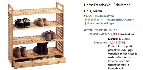 HomeTrends4You 843527 Schuhregal aus Walnuss massiv geölt, 70 x 27 x 81 cm - jetzt 22% billiger