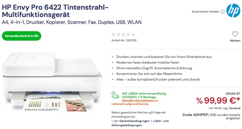 HP Envy Pro 6422 Tintenstrahl-Multifunktionsgerät (A4, 4-in-1, Drucker, Kopierer, Scanner, Fax, Duplex, USB, WLAN) HP Envy Pro 6422 Tintenstrahl-Multifunktionsgerät (A4, 4-in-1, Drucker, Kopierer, Scanner, Fax, Duplex, USB, WLAN)