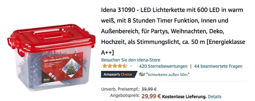 Idena 31090 - LED Lichterkette mit 600 LED in Warmweiß, ca. 50 m Idena 31090 - LED Lichterkette mit 600 LED in Warmweiß, ca. 50 m