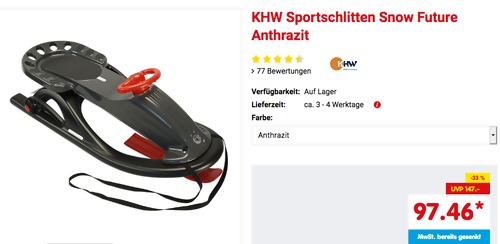 KHW Sportschlitten "Snow Future", anthrazit oder rot (117 x 50 x 30 cm) KHW Sportschlitten "Snow Future", anthrazit oder rot (117 x 50 x 30 cm)