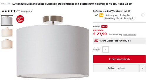 Lüttenhütt Deckenleuchte "Lüchte" mit Stoffschirm, 40x32 cm (hellgrau) Lüttenhütt Deckenleuchte "Lüchte" mit Stoffschirm, 40x32 cm (hellgrau)