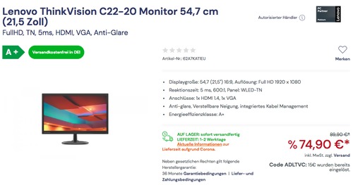 Lenovo ThinkVision C22-20 54,7 cm (21,5 Zoll) Monitor (FullHD, TN, 5ms, HDMI, VGA, Anti-Glare) Lenovo ThinkVision C22-20 54,7 cm (21,5 Zoll) Monitor (FullHD, TN, 5ms, HDMI, VGA, Anti-Glare)