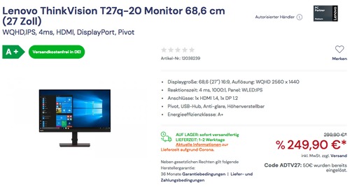 Lenovo ThinkVision T27q-20 68,6 cm (27 Zoll) Monitor (WQHD, IPS, 4ms, HDMI, DisplayPort, Pivot) Lenovo ThinkVision T27q-20 68,6 cm (27 Zoll) Monitor (WQHD, IPS, 4ms, HDMI, DisplayPort, Pivot)