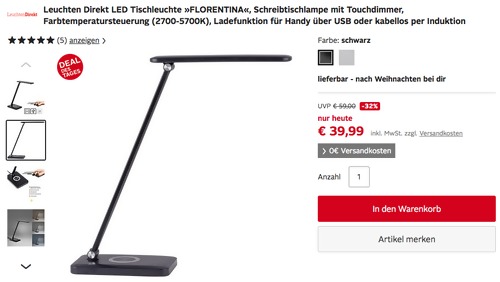 Leuchten Direkt LED-Tischleuchte "FLORENTINA" mit Wireless Charging Ladefunktion (680 lm, 5 W, 2700-5700K) Leuchten Direkt LED-Tischleuchte "FLORENTINA" mit Wireless Charging Ladefunktion (680 lm, 5 W, 2700-5700K)