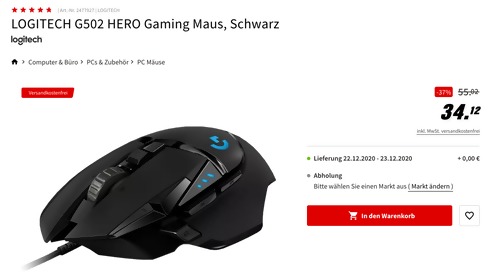 Logitech G502 HERO Gaming Maus, schwarz (100-16000 dpi) - jetzt 30% billiger