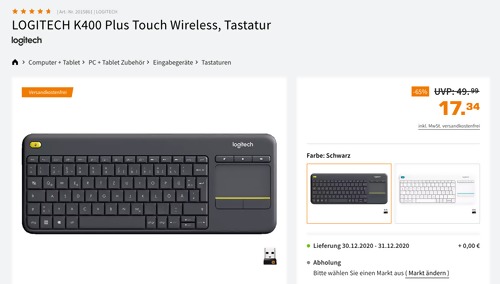 LOGITECH K400 Plus Touch Wireless Tastatur, schwarz oder weiß LOGITECH K400 Plus Touch Wireless Tastatur, schwarz oder weiß
