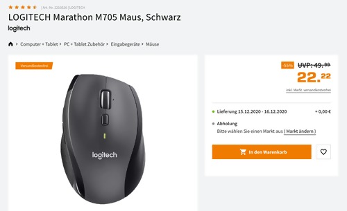 LOGITECH Marathon M705 PC-Maus, schwarz (kabellos, 1000 dpi, 7 Funktionstasten) - jetzt 26% billiger