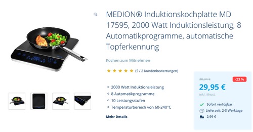 MEDION® MD 17595 Induktionskochplatte, 2000 Watt MEDION® MD 17595 Induktionskochplatte, 2000 Watt
