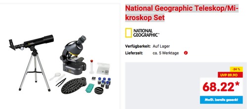 National Geographic Teleskop/Mikroskop Set für Einsteiger (18x-60x, 40x-640x) National Geographic Teleskop/Mikroskop Set für Einsteiger (18x-60x, 40x-640x)