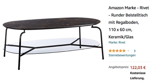 Rivet CT-612 ovaler 110 x 60 cm Beistelltisch mit Regalboden, Keramik/Glas/Metall - jetzt 31% billiger