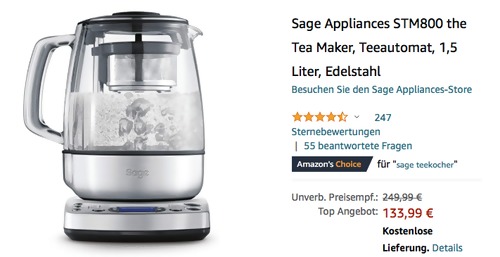 Sage Sage Appliances STM800 the Tea Maker 1,5 Liter Teekocher, Edelstahl/Glas - jetzt 19% billiger