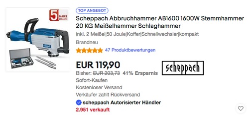 Scheppach Abbruchhammer AB1600 (1600W, 50 Joule, inkl. 2 Meißel) Scheppach Abbruchhammer AB1600 (1600W, 50 Joule, inkl. 2 Meißel)