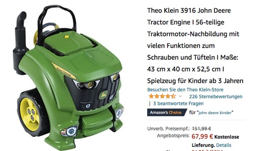 Theo Klein 3916 John Deere Tractor Engine (Traktormotor-Nachbildung), 56-teilig Theo Klein 3916 John Deere Tractor Engine (Traktormotor-Nachbildung), 56-teilig