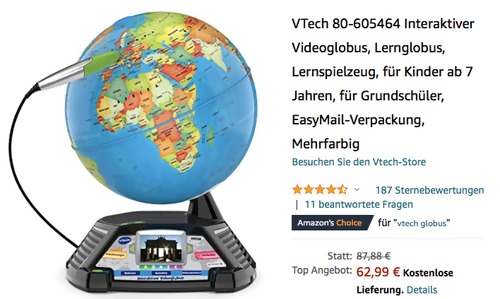 VTech 80-605464 Interaktiver Videoglobus für Grundschüler VTech 80-605464 Interaktiver Videoglobus für Grundschüler