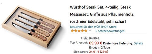 Wüsthof 9534 Steak Messerset, 4-teilig - jetzt 26% billiger Wüsthof 9534 Steak Messerset, 4-teilig - jetzt 26% billiger