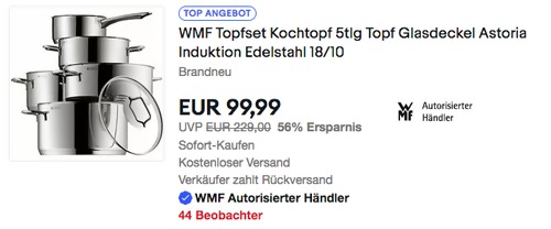WMF Topfset "Astoria", 5-teilig (Induktion, Edelstahl 18/10, Glasdeckel) - jetzt 25% billiger WMF Topfset "Astoria", 5-teilig (Induktion, Edelstahl 18/10, Glasdeckel) - jetzt 25% billiger