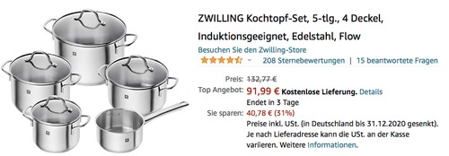 ZWILLING Edelstahl Kochtopf-Set "Flow", 5-teilig - jetzt 32% billiger ZWILLING Edelstahl Kochtopf-Set "Flow", 5-teilig - jetzt 32% billiger
