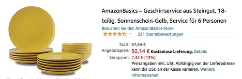 AmazonBasics 18-teiliges Geschirrservice aus Steingut in Sonnenschein-Gelb AmazonBasics 18-teiliges Geschirrservice aus Steingut in Sonnenschein-Gelb