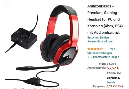AmazonBasics Premium-Gaming-Headset mit Audiomixer, rot/schwarz AmazonBasics Premium-Gaming-Headset mit Audiomixer, rot/schwarz
