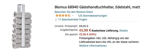 Blomus 68940 Gästehandtuchhalter, Edelstahl Matt (8 x 4.5 x 47 cm) Blomus 68940 Gästehandtuchhalter, Edelstahl Matt (8 x 4.5 x 47 cm)
