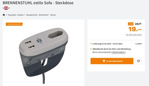 BRENNENSTUHL estilo Sofa - Steckdose, 3 m lang (1 Euro-Steckdose, 2-USB Ports) - jetzt 4% billiger