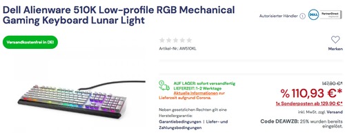 Dell Alienware 510K Low-profile RGB Mechanical Gaming Keyboard, Lunar Light Dell Alienware 510K Low-profile RGB Mechanical Gaming Keyboard, Lunar Light