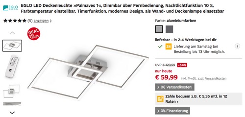 EGLO LED Deckenleuchte "Palmaves 1", aluminiumfarben oder schwarz (3000 lm, 30 W, Fernbedienung, Dimmbar) EGLO LED Deckenleuchte "Palmaves 1", aluminiumfarben oder schwarz (3000 lm, 30 W, Fernbedienung, Dimmbar)