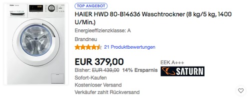 HAIER HWD 80-B14636 Waschtrockner (8 kg/5 kg, 1400 U/Min.) HAIER HWD 80-B14636 Waschtrockner (8 kg/5 kg, 1400 U/Min.)