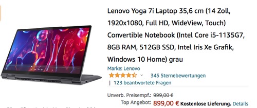 Lenovo 82BH001JGE Yoga 7i 35,6 cm/14 Zoll Convertible Notebook (Full HD, Intel Core i5-1135G7, 8GB RAM, 512GB SSD, Windows 10) grau Lenovo 82BH001JGE Yoga 7i 35,6 cm/14 Zoll Convertible Notebook (Full HD, Intel Core i5-1135G7, 8GB RAM, 512GB SSD, Windows 10) grau