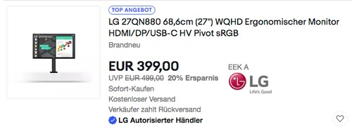 LG 27QN880 68,6cm (27") WQHD Ergo Monitor (HDMI/DP/USB-C, HV, Pivot, sRGB) LG 27QN880 68,6cm (27") WQHD Ergo Monitor (HDMI/DP/USB-C, HV, Pivot, sRGB)