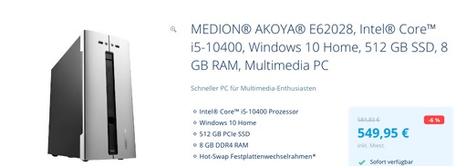 MEDION® AKOYA® E62028 Multimedia-PC (Intel® Core i5-10400, Windows 10 Home, 512 GB SSD, 8 GB RAM) MEDION® AKOYA® E62028 Multimedia-PC (Intel® Core i5-10400, Windows 10 Home, 512 GB SSD, 8 GB RAM)