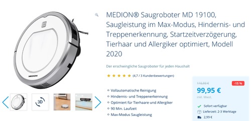 MEDION® Saugroboter MD 19100, Tierhaar und Allergiker optimiert MEDION® Saugroboter MD 19100, Tierhaar und Allergiker optimiert