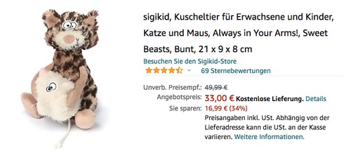 sigikid 38934 Katze und Maus Kuscheltier, 21 x 9 x 8 cm sigikid 38934 Katze und Maus Kuscheltier, 21 x 9 x 8 cm
