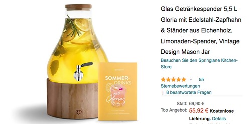 Springlane Getränkespender "Gloria" 5,5 L (Glasbehälter, Edelstahl-Zapfhahn, Ständer aus Eichenholz) Springlane Getränkespender "Gloria" 5,5 L (Glasbehälter, Edelstahl-Zapfhahn, Ständer aus Eichenholz)