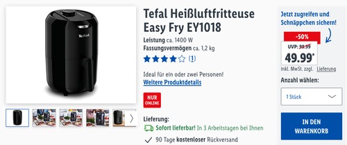 Tefal Heißluftfritteuse Easy Fry EY1018, ca. 1,2 kg Fassungsvermögen Tefal Heißluftfritteuse Easy Fry EY1018, ca. 1,2 kg Fassungsvermögen