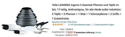 Tefal L2049002 Ingenio 5 Kochset, 17-teilig (3 Töpfe + 3 Pfannen + 1 Wok + 1 Schmorpfanne + 2 Griffe + 7 Zubehörteile) Tefal L2049002 Ingenio 5 Kochset, 17-teilig (3 Töpfe + 3 Pfannen + 1 Wok + 1 Schmorpfanne + 2 Griffe + 7 Zubehörteile)