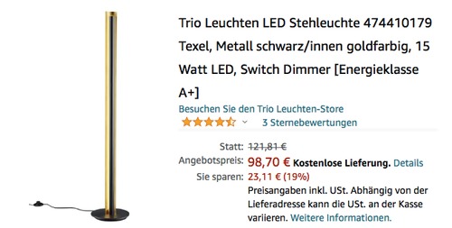 Trio Leuchten LED Stehleuchte 474410179 Texel (schwarz/goldfarbig, 143cm hoch, 15 Watt) Trio Leuchten LED Stehleuchte 474410179 Texel (schwarz/goldfarbig, 143cm hoch, 15 Watt)