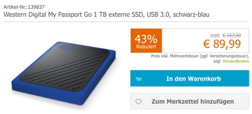 Western Digital My Passport Go 1TB USB 3.0 externe SSD-Festplatte, schwarz-blau Western Digital My Passport Go 1TB USB 3.0 externe SSD-Festplatte, schwarz-blau