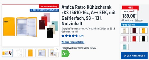 Amica Retro Kühlschrank "KS 15610-16", versch. Farben (A++, 93 + 13 l Nutzinhalt, B 55 x H 86 x T 61,5 cm) Amica Retro Kühlschrank "KS 15610-16", versch. Farben (A++, 93 + 13 l Nutzinhalt, B 55 x H 86 x T 61,5 cm)