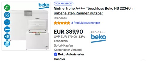 Beko HS 22340 230 Liter Gefriertruhe, A+++ Beko HS 22340 230 Liter Gefriertruhe, A+++