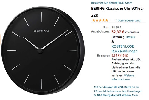 BERING 90162-22R 16.2 cm Wanduhr, schwarz (Edelstahl) - jetzt 15% billiger