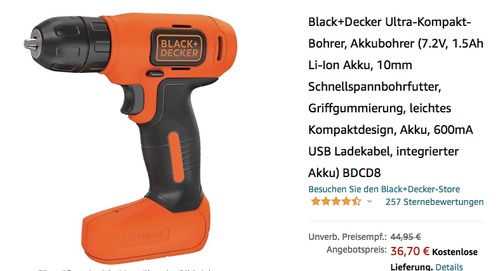 Black+Decker BDCD8 Ultra-Kompakt-Akkubohrer, 7.2V Black+Decker BDCD8 Ultra-Kompakt-Akkubohrer, 7.2V