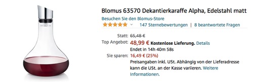 Blomus 63570 Dekantierkaraffe "Alpha", Ø 18 cm (Edelstahl matt, klares Glas) - jetzt 16% billiger