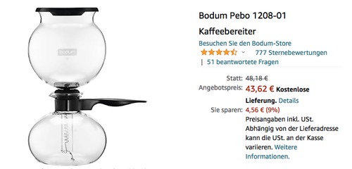 Bodum 1208-01 Kaffeebereiter "Pebo", 1.0 l Vakuum Kaffeebereiter Bodum 1208-01 Kaffeebereiter "Pebo", 1.0 l Vakuum Kaffeebereiter