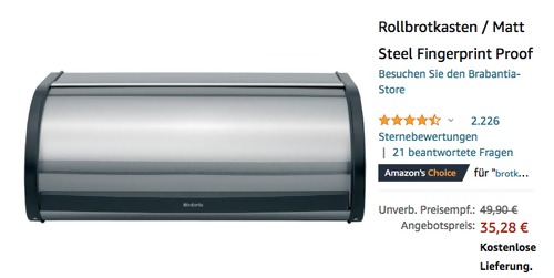 Brabantia 299445 Edelstahl Rollbrotkasten - Matt Steel Fingerprint Proof, 16 Liter - jetzt 20% billiger Brabantia 299445 Edelstahl Rollbrotkasten - Matt Steel Fingerprint Proof, 16 Liter - jetzt 20% billiger