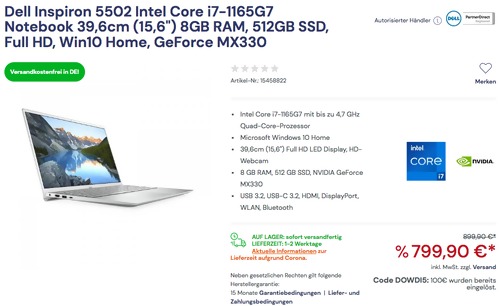 Dell Inspiron 5502-6867 39,6cm (15,6") Notebook ( i7-1165G7, 8GB RAM, 512GB SSD, Full HD, Win10 Home, GeForce MX330 ) Dell Inspiron 5502-6867 39,6cm (15,6") Notebook ( i7-1165G7, 8GB RAM, 512GB SSD, Full HD, Win10 Home, GeForce MX330 )