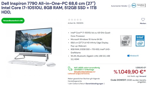 Dell Inspiron 7790-8675 68,6 cm (27") All-in-One-PC ( i7-10510U, 8GB RAM, 512GB SSD + 1TB HDD, Windows 10) Dell Inspiron 7790-8675 68,6 cm (27") All-in-One-PC ( i7-10510U, 8GB RAM, 512GB SSD + 1TB HDD, Windows 10)