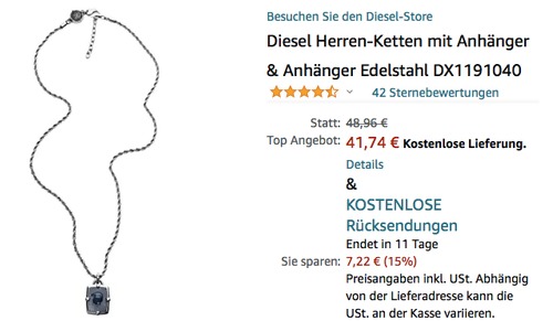 Diesel DX1191040 Herren-Kette mit Anhänger (Edelstahl, 65 cm, African Blue Stone) Diesel DX1191040 Herren-Kette mit Anhänger (Edelstahl, 65 cm, African Blue Stone)