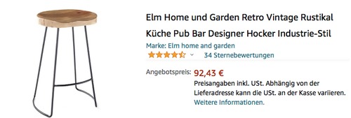 Elm Home und Garden 945 Rustikal Hocker (72 cm, Hartholz, Metall) Elm Home und Garden 945 Rustikal Hocker (72 cm, Hartholz, Metall)