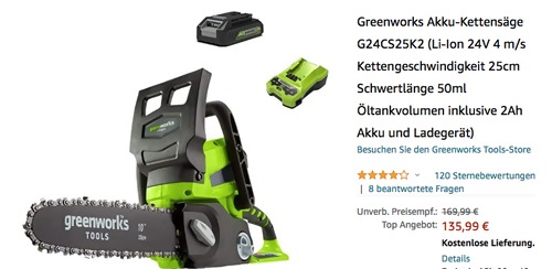 Greenworks Akku-Kettensäge G24CS25K2 inklusive 2Ah Akku und Ladegerät (24V, 25cm Schwertlänge) Greenworks Akku-Kettensäge G24CS25K2 inklusive 2Ah Akku und Ladegerät (24V, 25cm Schwertlänge)